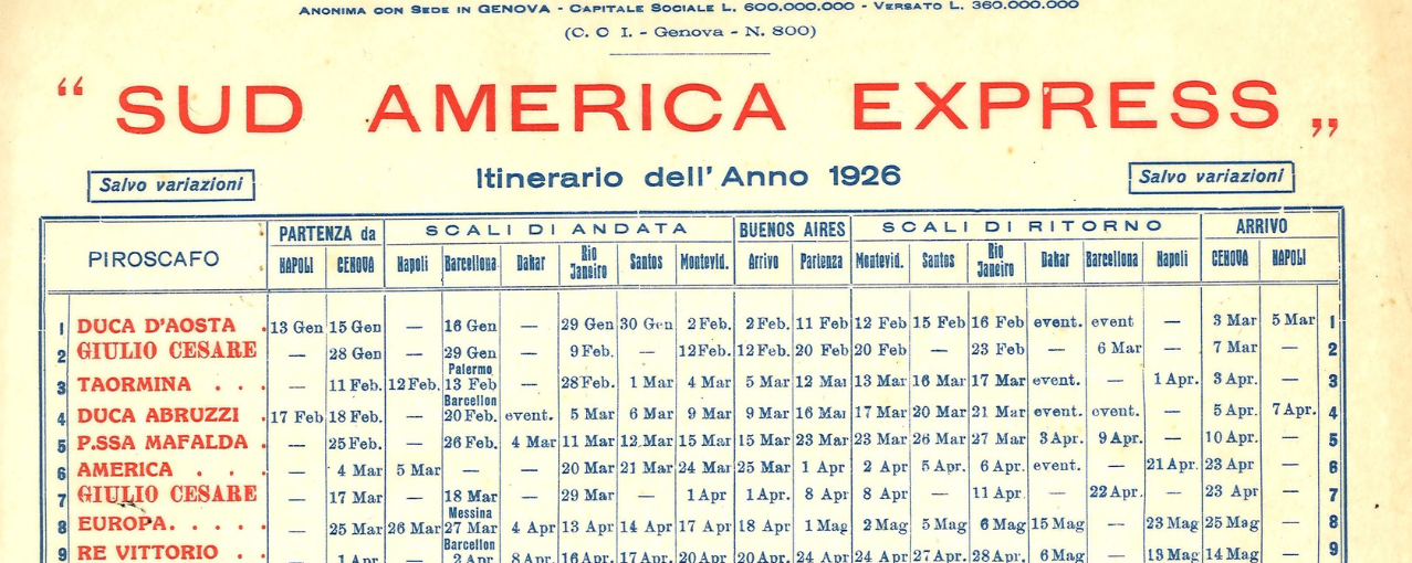 Na imagem consta o itinerário de vapores que sairiam de Gênova no ano de 1926.